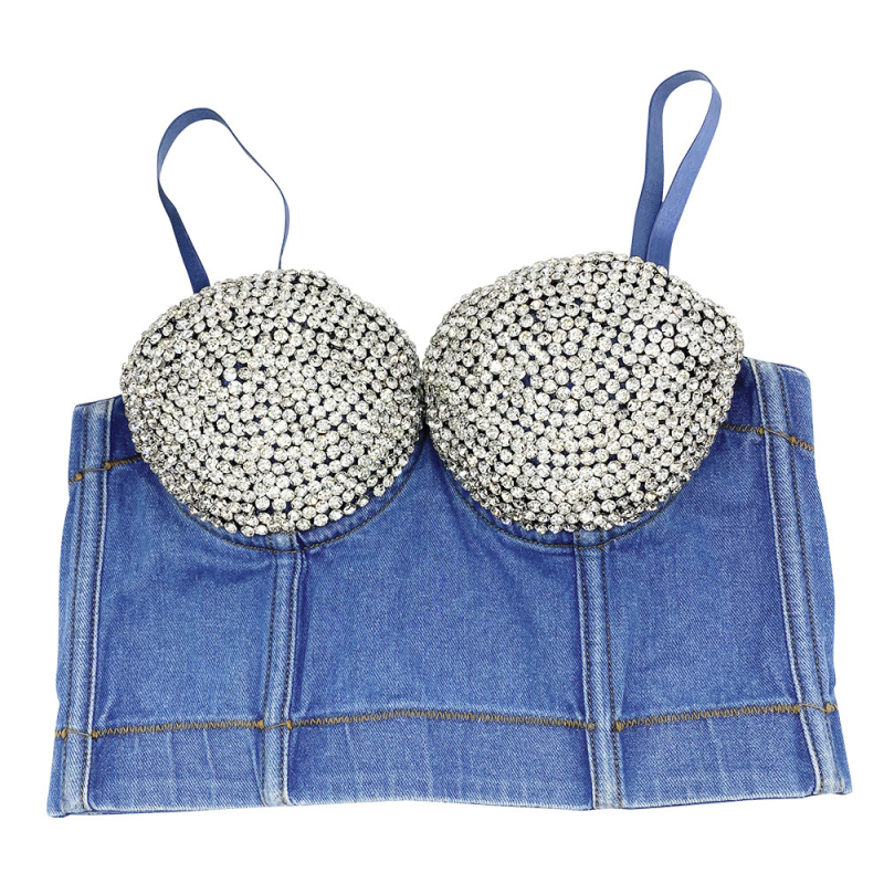 Деним потник без ръкави с открито рамо и диамантени орнаменти, 80% памук, средна дебелина на тъканта