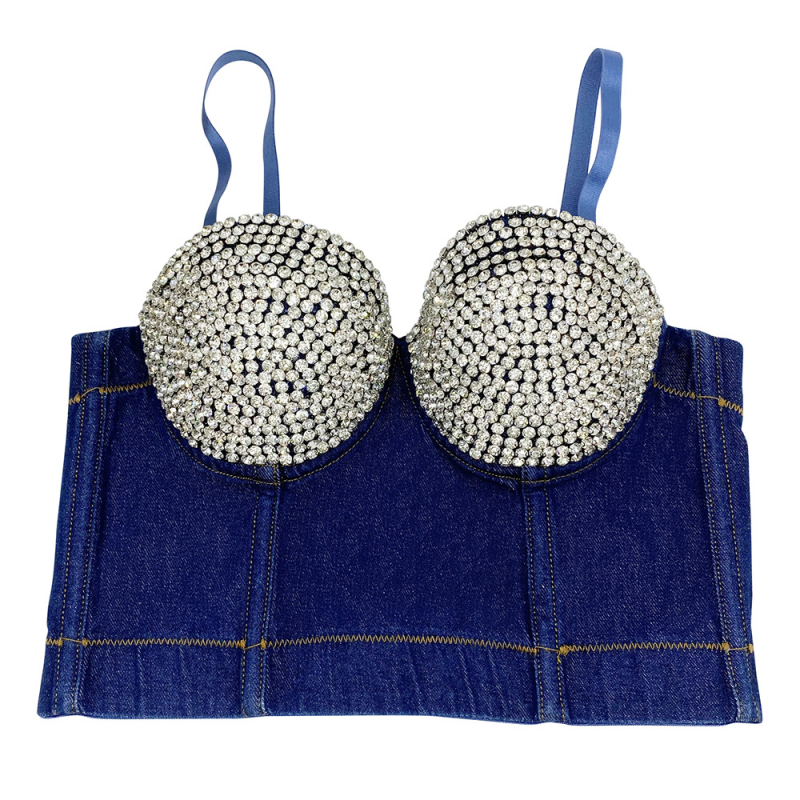 Деним потник без ръкави с открито рамо и диамантени орнаменти, 80% памук, средна дебелина на тъканта