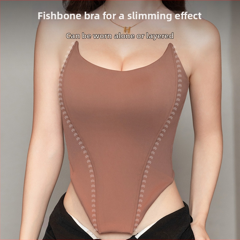 Top bez ramienok s podporou rybej kosti a integrovanými vankúšikmi na prsné, nylonový materiál, tenké tvarované košíčky, zapínanie na 7 háčikov, tvarovanie tela, letné vydanie 2025