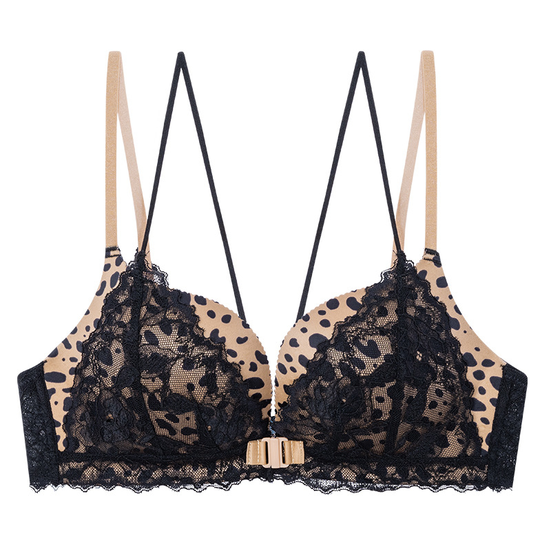 6081 Seksi čipkasti grudnjak s leopard uzorkom i prednjim zatvaračem, bežični push-up set grudnjaka, francuski stil