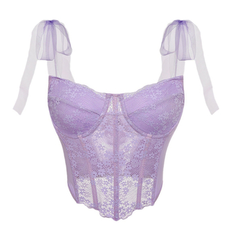 Ženski kratki čipkasti top s cvjetnim uzorkom i uzorkom riblje kosti, vezanje na špagu, uski kroj (Materijal: Čipka; Glavni materijal: Poliester 90–95%; Sekundarni materijal: Spandex <30%; Uzorak: Cvjetni; Stil: Lace-Up)