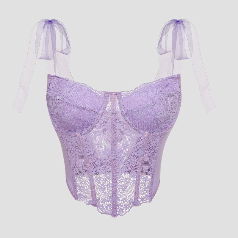 Ženski kratki čipkasti top s cvjetnim uzorkom i uzorkom riblje kosti, vezanje na špagu, uski kroj (Materijal: Čipka; Glavni materijal: Poliester 90–95%; Sekundarni materijal: Spandex <30%; Uzorak: Cvjetni; Stil: Lace-Up)