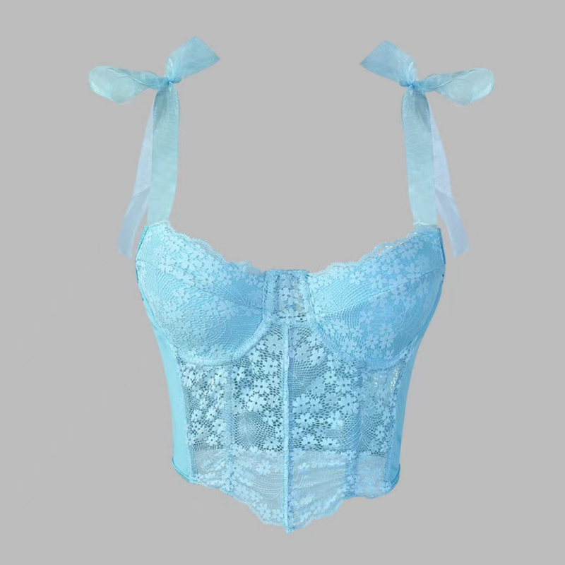 Ženski kratki čipkasti top s cvjetnim uzorkom i uzorkom riblje kosti, vezanje na špagu, uski kroj (Materijal: Čipka; Glavni materijal: Poliester 90–95%; Sekundarni materijal: Spandex <30%; Uzorak: Cvjetni; Stil: Lace-Up)