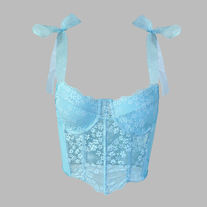 Ženski kratki čipkasti top s cvjetnim uzorkom i uzorkom riblje kosti, vezanje na špagu, uski kroj (Materijal: Čipka; Glavni materijal: Poliester 90–95%; Sekundarni materijal: Spandex <30%; Uzorak: Cvjetni; Stil: Lace-Up)