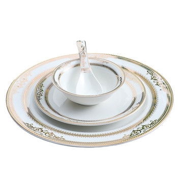 Porcelanski servis za jelo — trodjelni set: misa i dvije tanjure, okrugli oblik, prugasti uzorak, lagani luksuzni stil, otporno na mikrovalnu