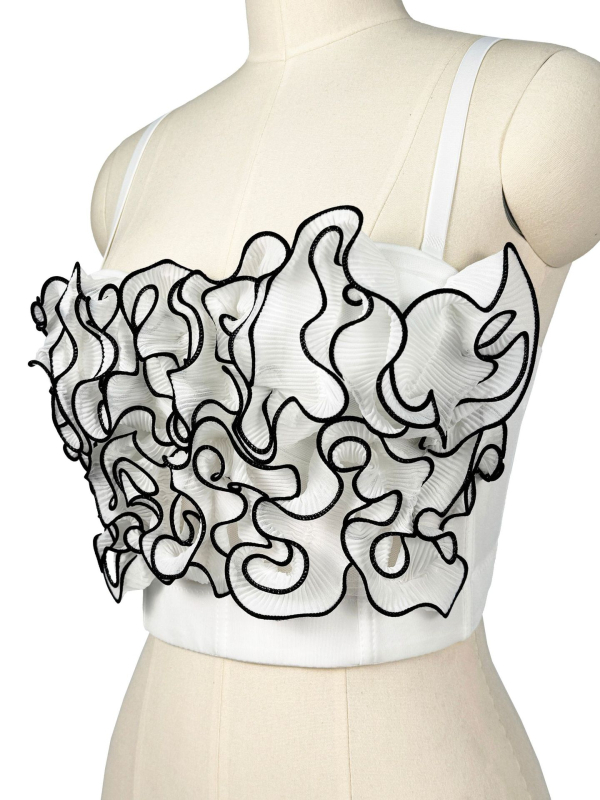 Plisirani 3D uzorak grudnjaka, slim fit, poliester, odvojive naramenice, kratka duljina (≤40 cm), ljeto 2025
