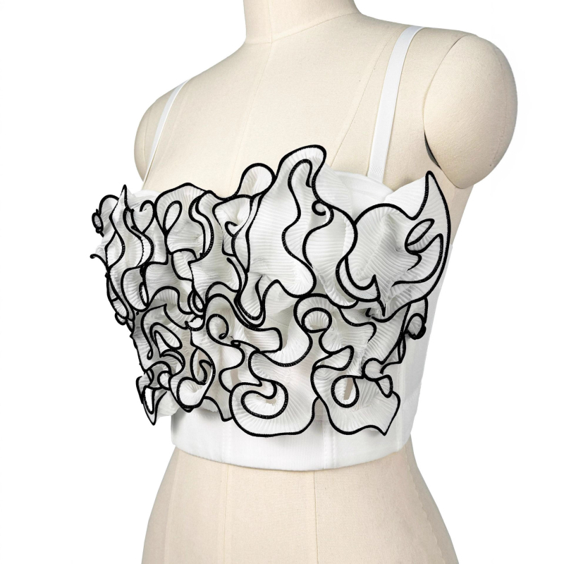 Plisirani 3D uzorak grudnjaka, slim fit, poliester, odvojive naramenice, kratka duljina (≤40 cm), ljeto 2025
