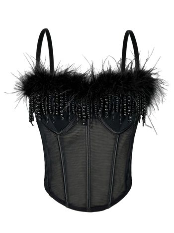 Seksi korzet s ribljom kostom i perjem, tube top s resicama, stage camisole