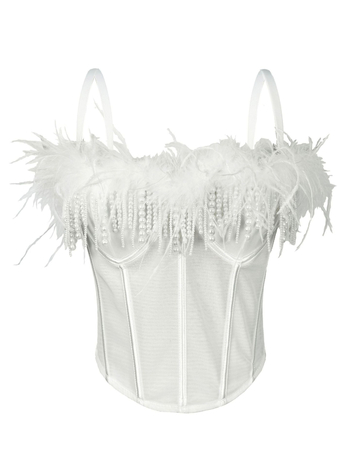 Seksi korzet s ribljom kostom i perjem, tube top s resicama, stage camisole