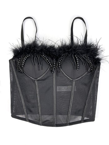 Seksi korzet s ribljom kostom i perjem, tube top s resicama, stage camisole