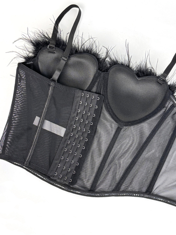 Seksi korzet s ribljom kostom i perjem, tube top s resicama, stage camisole