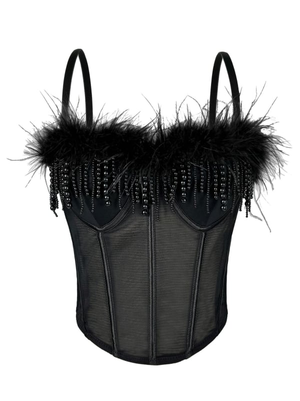 Seksi korzet s ribljom kostom i perjem, tube top s resicama, stage camisole