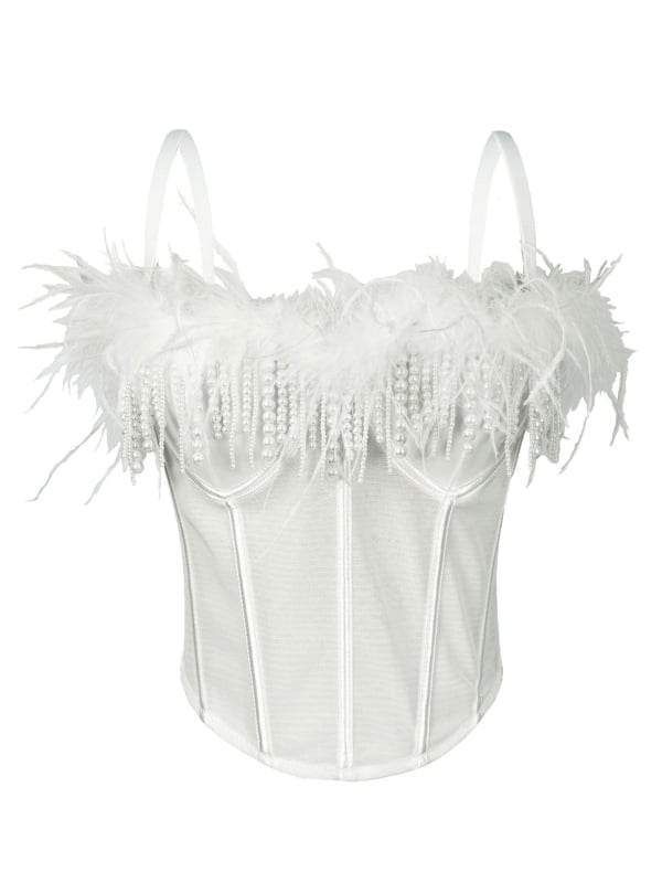 Seksi korzet s ribljom kostom i perjem, tube top s resicama, stage camisole
