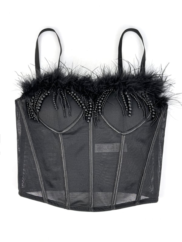 Seksi korzet s ribljom kostom i perjem, tube top s resicama, stage camisole