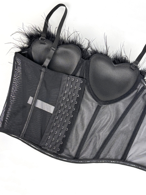 Seksi korzet s ribljom kostom i perjem, tube top s resicama, stage camisole