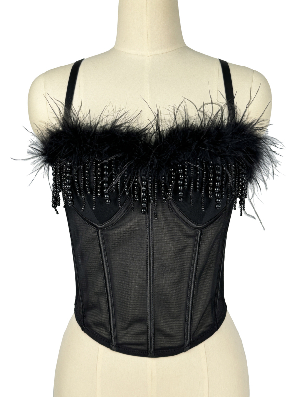 Seksi korzet s ribljom kostom i perjem, tube top s resicama, stage camisole