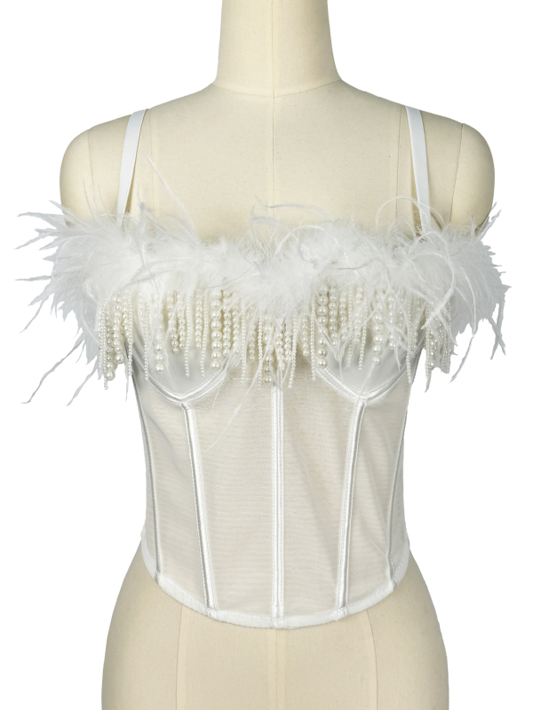 Seksi korzet s ribljom kostom i perjem, tube top s resicama, stage camisole