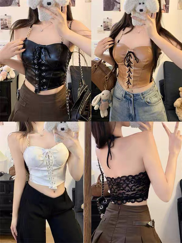 PU kožni top s thajskim stilom, fishbone dizajnom, jastučići za grudi, halter vrat, uski kroj