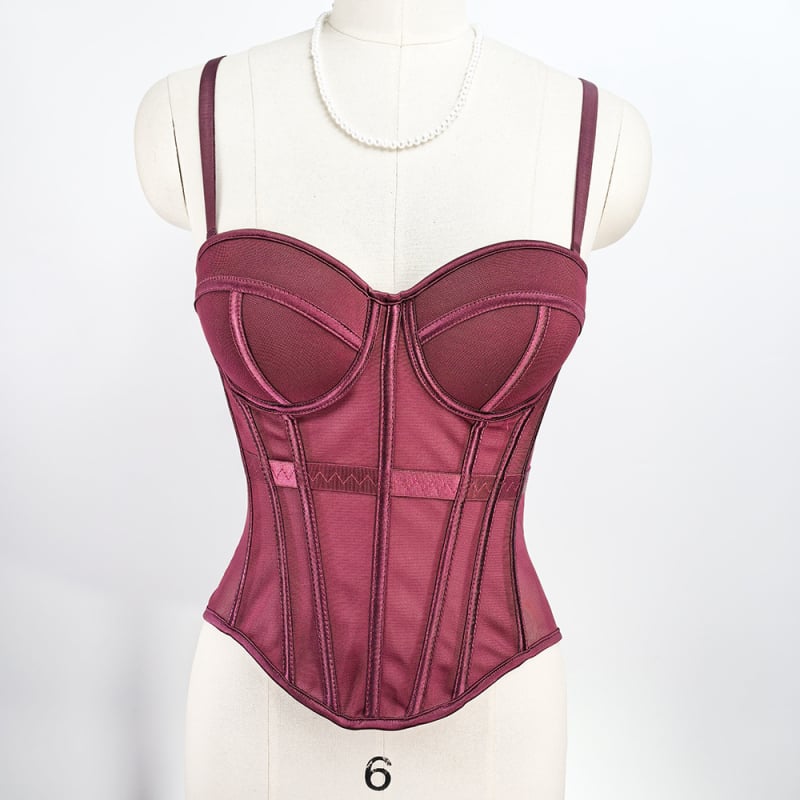 Корсет-потник с мрежесто плетиво, рибена кост, чашка 3/4, свалящи се двойни презрамки, закопчаване на 7 куки, вградени подплънки, стеснява талията и подчертава красив гръб