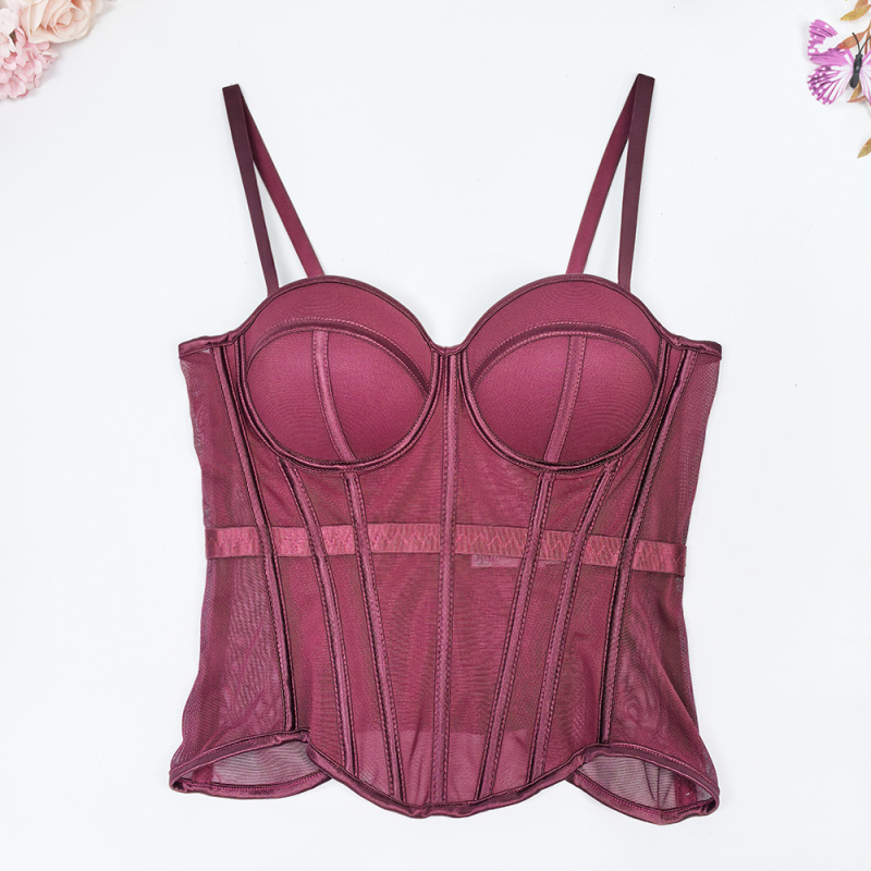 Корсет-потник с мрежесто плетиво, рибена кост, чашка 3/4, свалящи се двойни презрамки, закопчаване на 7 куки, вградени подплънки, стеснява талията и подчертава красив гръб