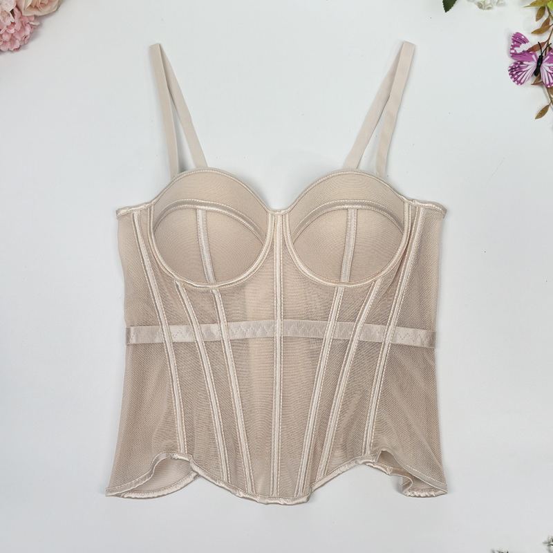 Корсет-потник с мрежесто плетиво, рибена кост, чашка 3/4, свалящи се двойни презрамки, закопчаване на 7 куки, вградени подплънки, стеснява талията и подчертава красив гръб