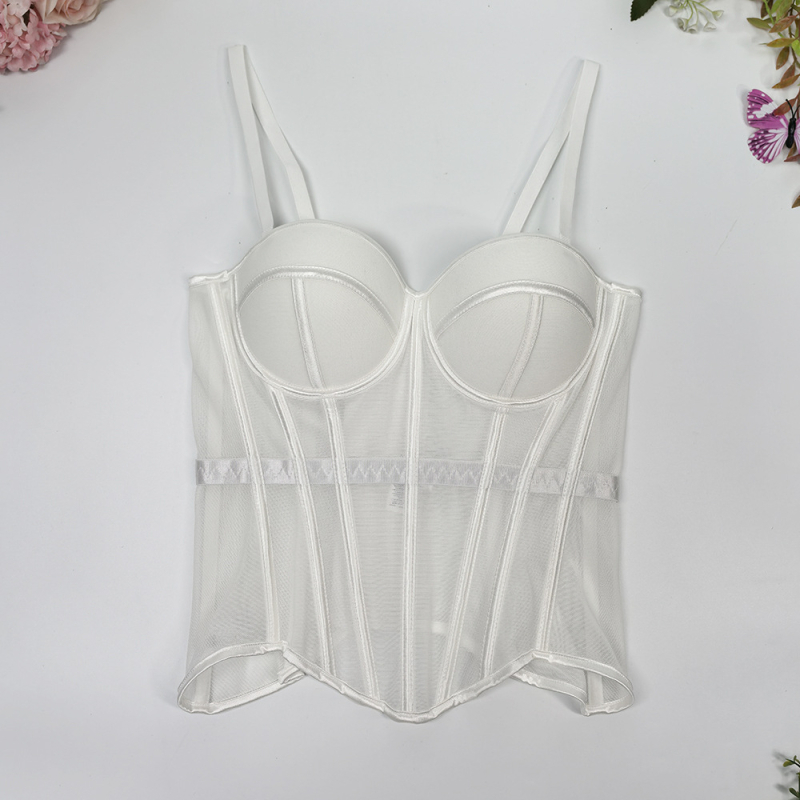Корсет-потник с мрежесто плетиво, рибена кост, чашка 3/4, свалящи се двойни презрамки, закопчаване на 7 куки, вградени подплънки, стеснява талията и подчертава красив гръб
