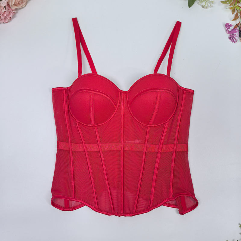 Корсет-потник с мрежесто плетиво, рибена кост, чашка 3/4, свалящи се двойни презрамки, закопчаване на 7 куки, вградени подплънки, стеснява талията и подчертава красив гръб