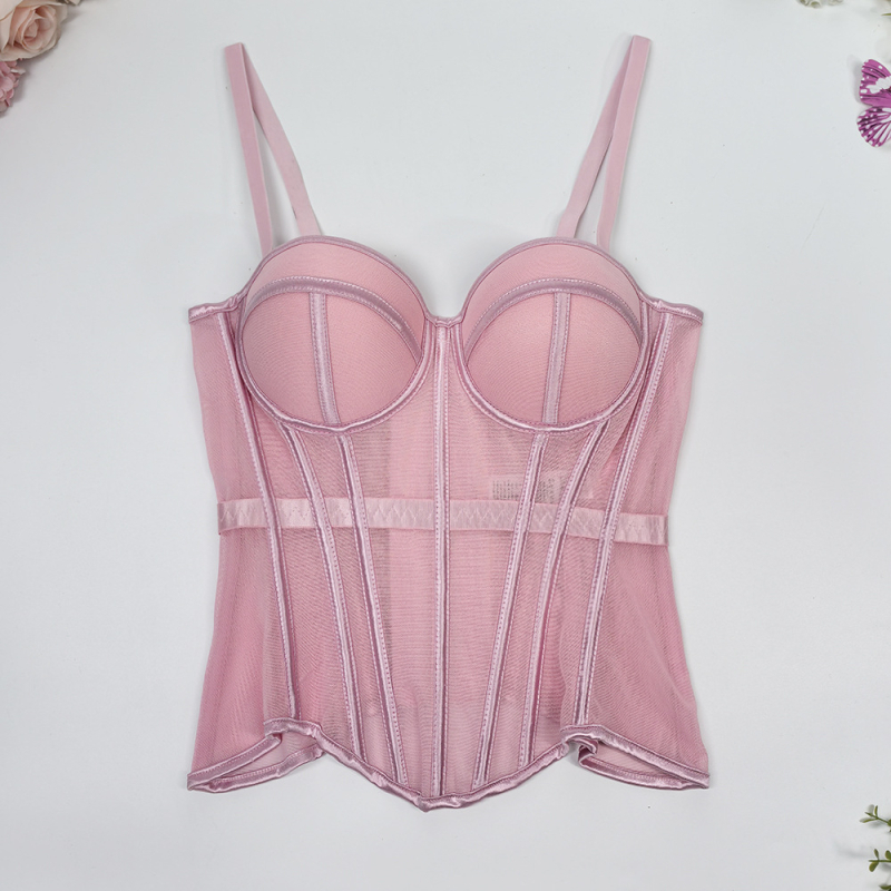 Корсет-потник с мрежесто плетиво, рибена кост, чашка 3/4, свалящи се двойни презрамки, закопчаване на 7 куки, вградени подплънки, стеснява талията и подчертава красив гръб