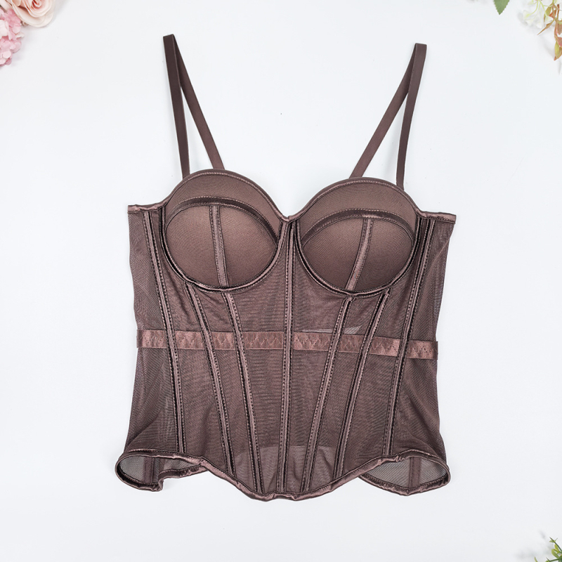 Корсет-потник с мрежесто плетиво, рибена кост, чашка 3/4, свалящи се двойни презрамки, закопчаване на 7 куки, вградени подплънки, стеснява талията и подчертава красив гръб