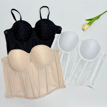 Fishbone Corset с кристали, мрежеста материя, сваляеми двойни презрамки, задно четириредово закопчаване с куки и очи, чашки 1/2 с тънък формован дизайн