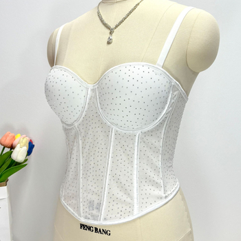 Fishbone Corset с кристали, мрежеста материя, сваляеми двойни презрамки, задно четириредово закопчаване с куки и очи, чашки 1/2 с тънък формован дизайн