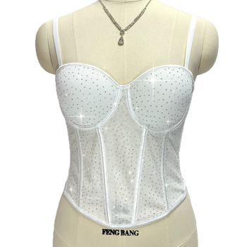 Fishbone Corset с кристали, мрежеста материя, сваляеми двойни презрамки, задно четириредово закопчаване с куки и очи, чашки 1/2 с тънък формован дизайн