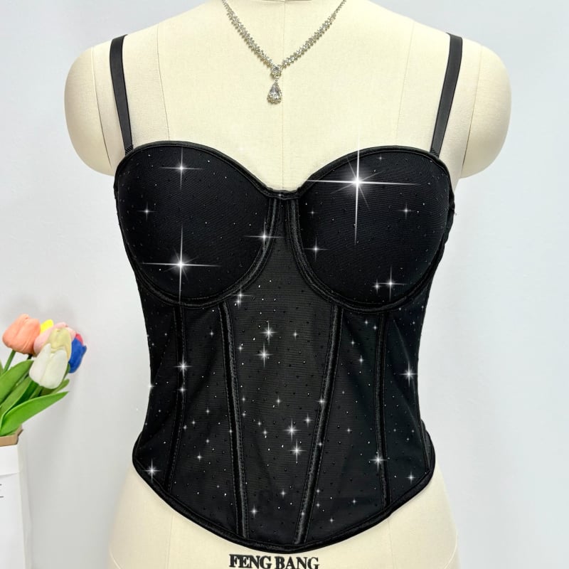 Fishbone Corset с кристали, мрежеста материя, сваляеми двойни презрамки, задно четириредово закопчаване с куки и очи, чашки 1/2 с тънък формован дизайн