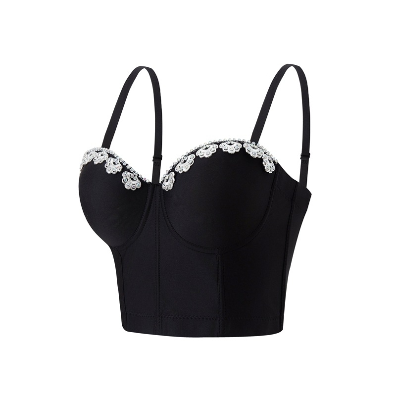 Потник с костована бюстова част, декорация от диаманти и перли, вградена подплата от пяна, подплата за бюст, тънък полиестер 101–120 г/м², лято 2025