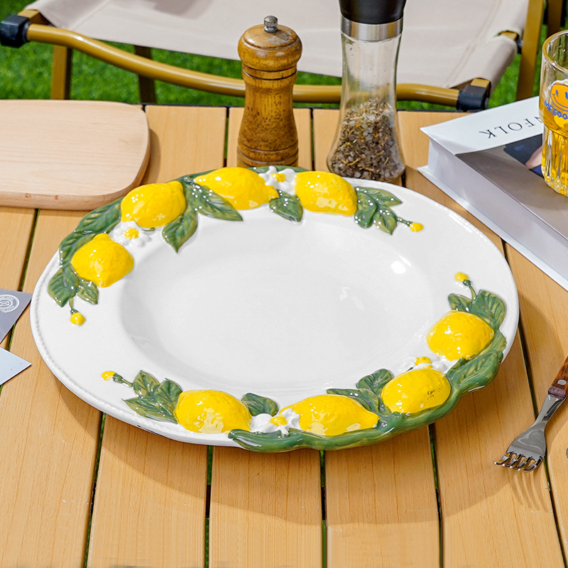 Byron Lemon Series keramička ploča – floralni uzorak pod glazurom, okruglog oblika, kompatibilna s mikrovalnom pećnicom, prilagodljivo