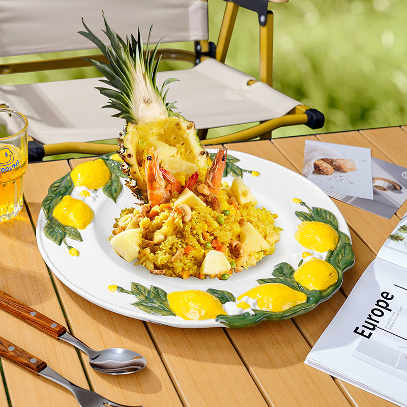 Byron Lemon Series keramička ploča – floralni uzorak pod glazurom, okruglog oblika, kompatibilna s mikrovalnom pećnicom, prilagodljivo