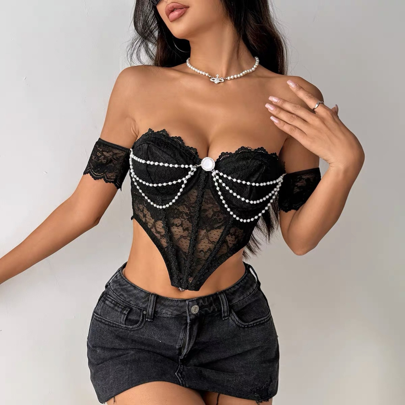 Čipkasti tube top s remenom za prsa u obliku riblje kosti, najlon 70–80%, 3/4 košarica, tanke oblikovane čašice
