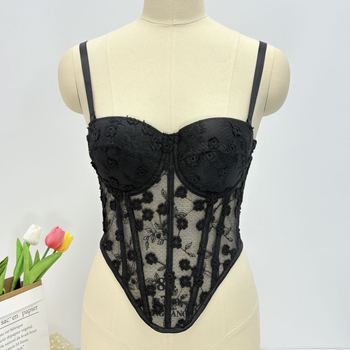 Мрежесто бюстие-корсет с флорална бродерия и дантела, костички, западен стил, закопчаване с четири реда катарами на гърба (мрежа; полиестер 80–90%; подплата: спандекс; чашка: 1/2; тънки чаши)