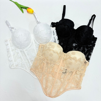 Мрежесто бюстие-корсет с флорална бродерия и дантела, костички, западен стил, закопчаване с четири реда катарами на гърба (мрежа; полиестер 80–90%; подплата: спандекс; чашка: 1/2; тънки чаши)