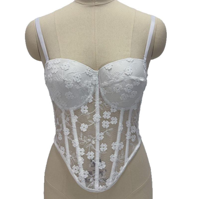 Мрежесто бюстие-корсет с флорална бродерия и дантела, костички, западен стил, закопчаване с четири реда катарами на гърба (мрежа; полиестер 80–90%; подплата: спандекс; чашка: 1/2; тънки чаши)