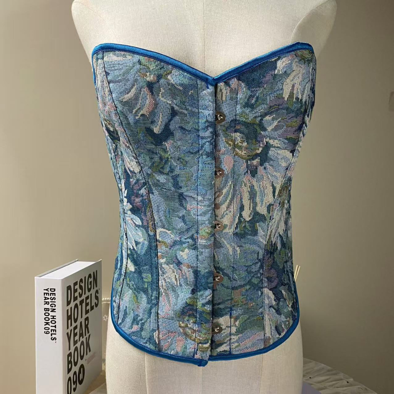 Корсет за тяло с фишбон ребра, дишащ полиестер плат, без презрамки, предно закопчаване, чашка 1/2, луксозен ретро стил