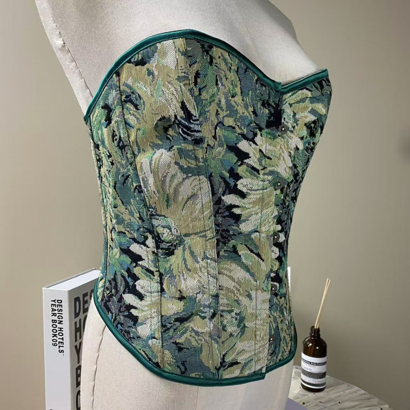 Корсет за тяло с фишбон ребра, дишащ полиестер плат, без презрамки, предно закопчаване, чашка 1/2, луксозен ретро стил