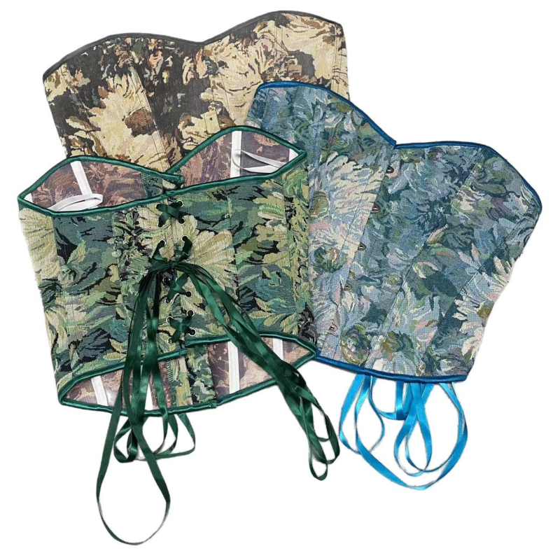 Корсет за тяло с фишбон ребра, дишащ полиестер плат, без презрамки, предно закопчаване, чашка 1/2, луксозен ретро стил