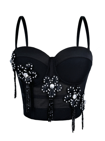 Fishbone bustier camisole top s cvjetnim uzorkom, poluprozirno, odvojive naramenice, sling stil, poliester