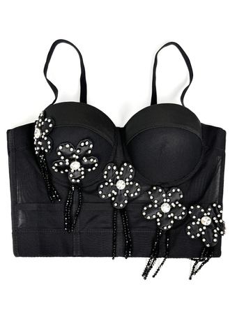 Fishbone bustier camisole top s cvjetnim uzorkom, poluprozirno, odvojive naramenice, sling stil, poliester