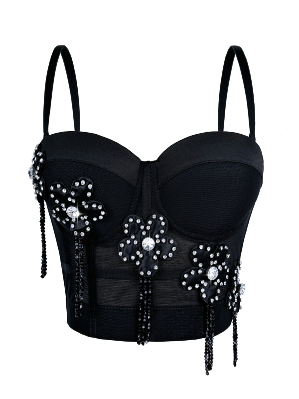 Fishbone bustier camisole top s cvjetnim uzorkom, poluprozirno, odvojive naramenice, sling stil, poliester