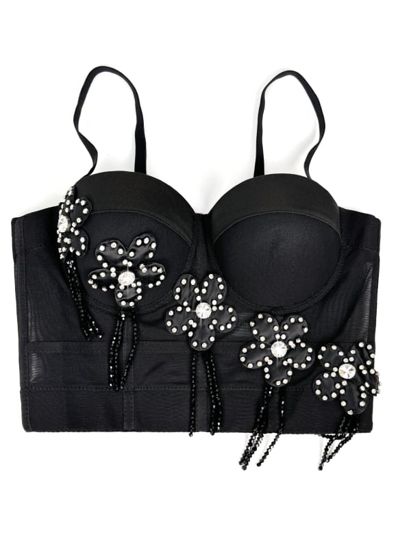 Fishbone bustier camisole top s cvjetnim uzorkom, poluprozirno, odvojive naramenice, sling stil, poliester