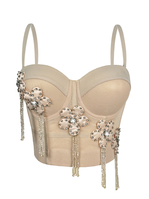 Fishbone bustier camisole top s cvjetnim uzorkom, poluprozirno, odvojive naramenice, sling stil, poliester