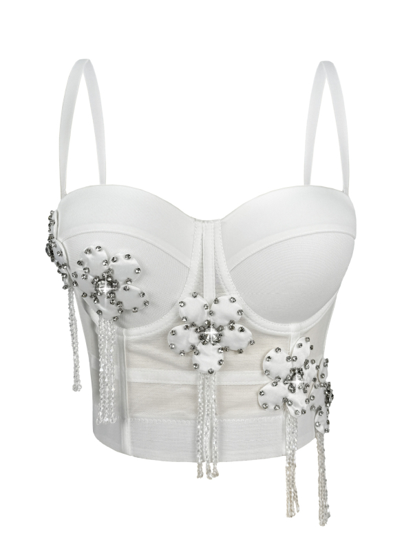 Fishbone bustier camisole top s cvjetnim uzorkom, poluprozirno, odvojive naramenice, sling stil, poliester