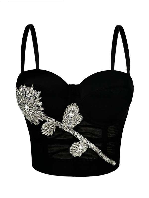 Slings style cami top s trodimenzionalnim rhinestone motivom, uski kroj, odvojive naramenice, poliester